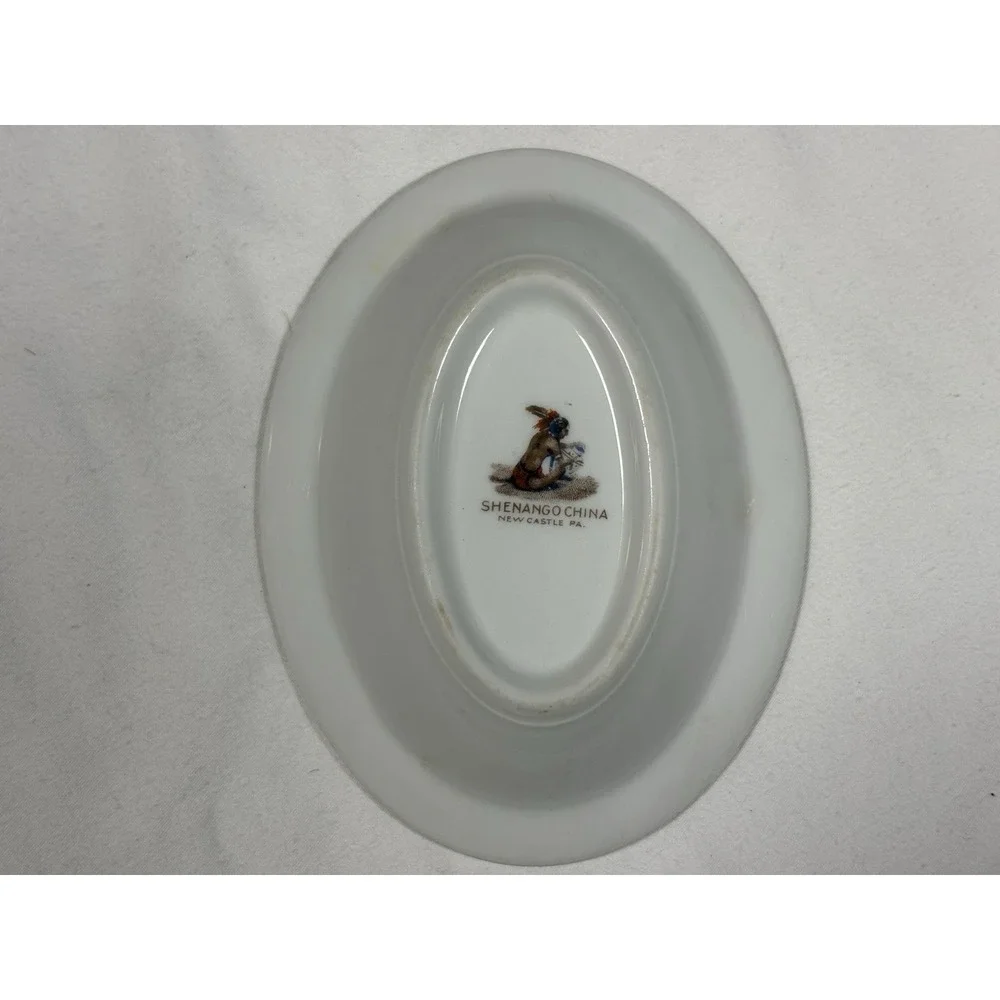 Vintage Shenango China Oval Restaurant Ware Berry Bowl Green Floral Peony Fence
